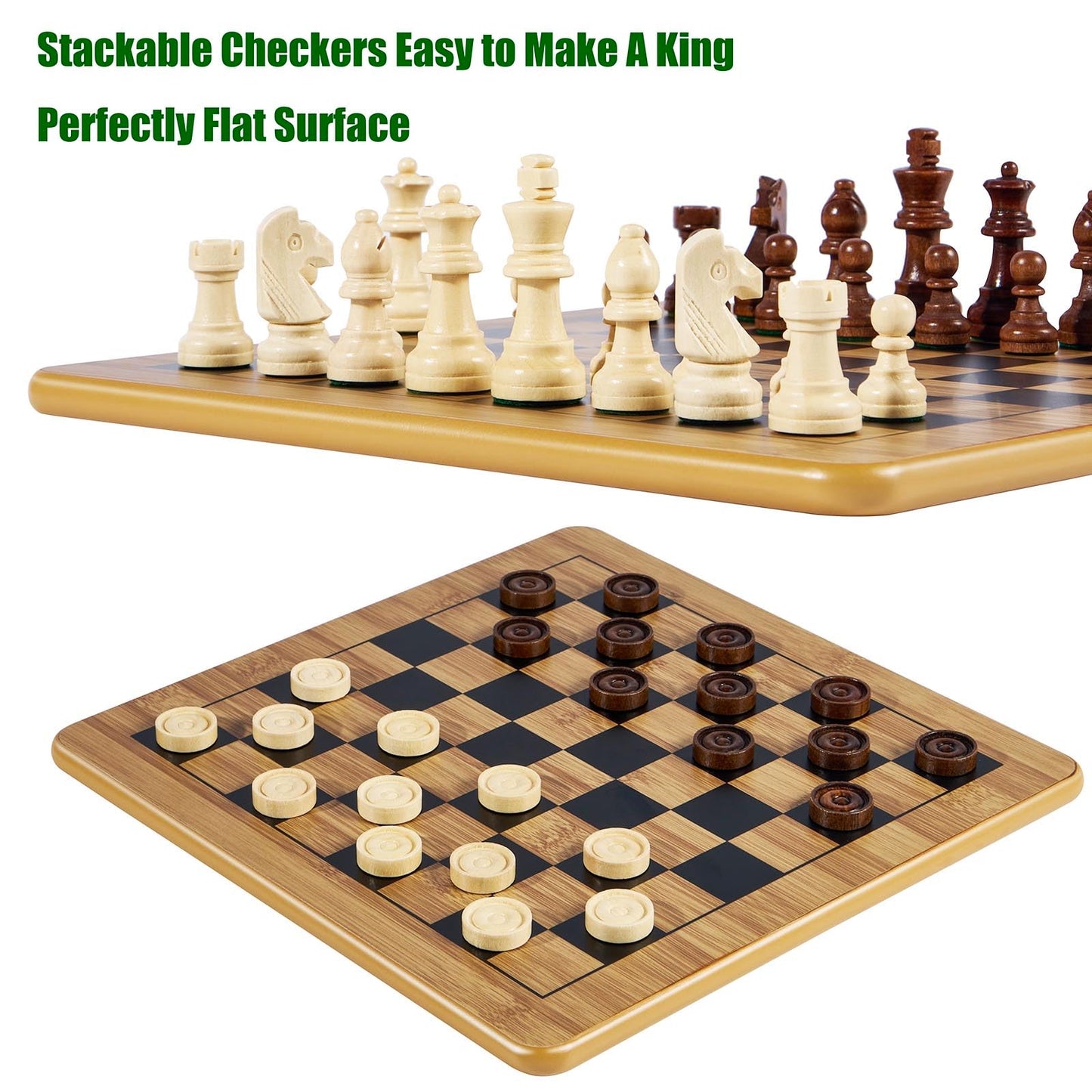 VAMSLOVE Wooden Chess Checkers Tic-Tac-Toe Game Set 11.5" x 11.5" Double-Sided 3 in 1 Board with 34 Chess Pieces - 2 Extra Queens - 24 Interlocking