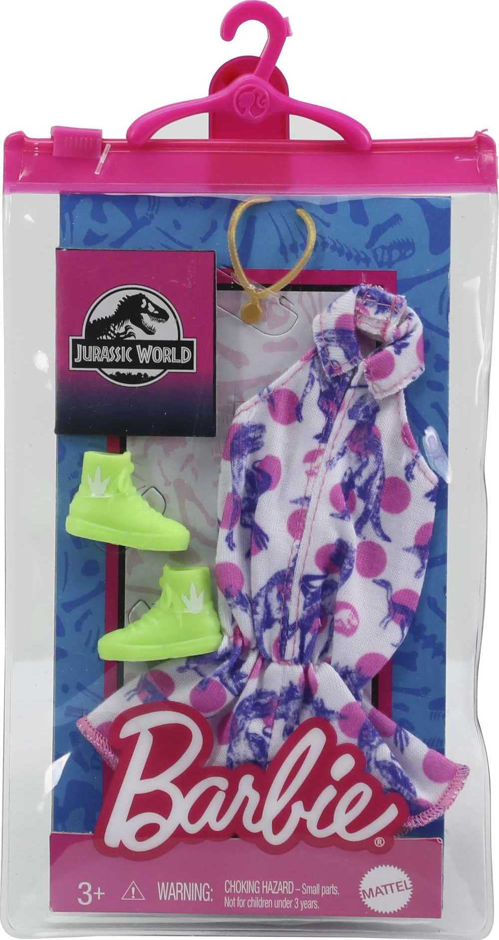 Barbie Doll Clothes Inspired by Jurassic World: Dominion, Complete Look, 2 Accessories, Shorts Romper with Pink Polka Dot & Dinosaur Print, Lime Green