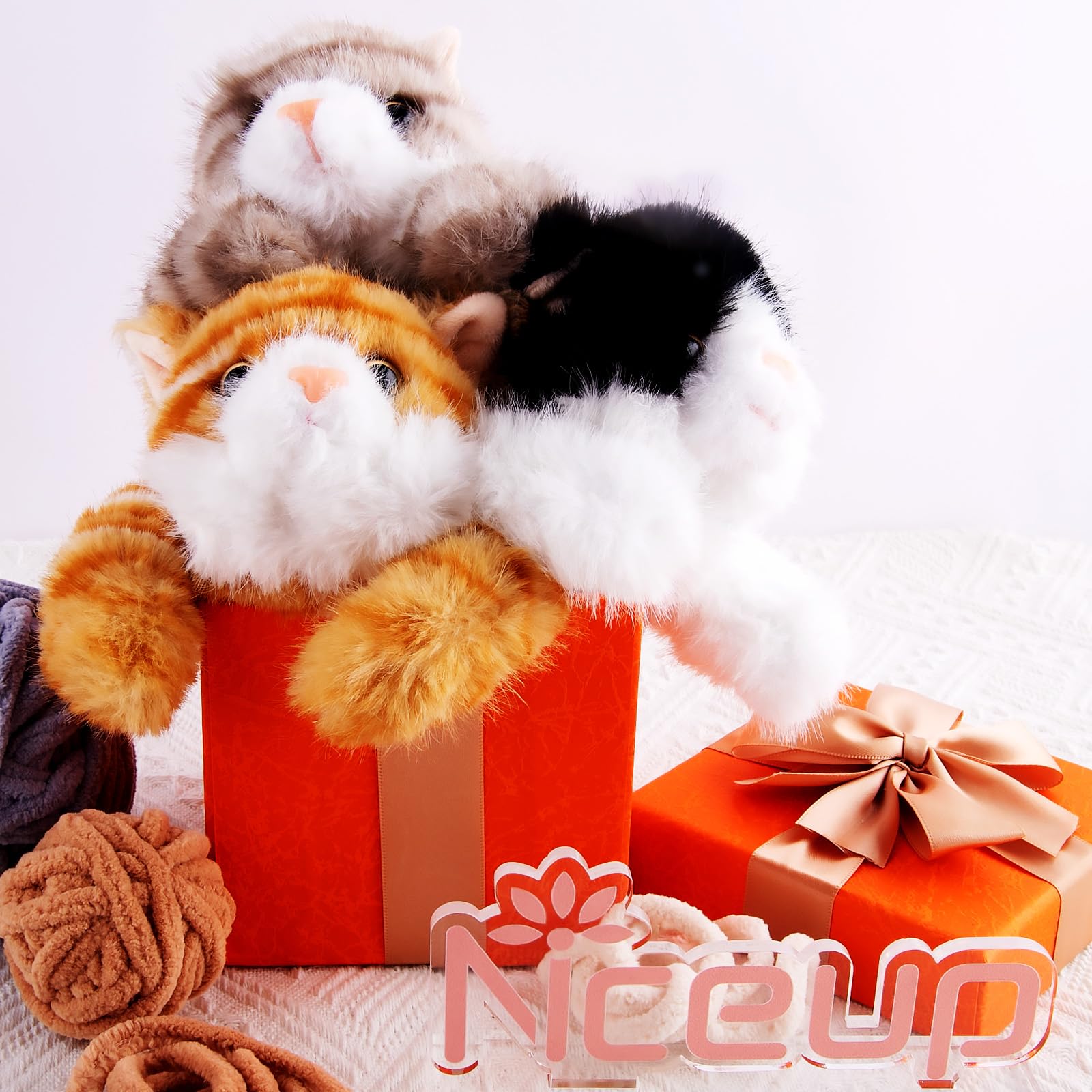 Niceup 12pcs Kitten Stuffed Animal 7in, Bulk Kitty Cat Pet Adoption Party Favors, Small Black Orange Grey Cat Plush Stuffy Toys with Sensory Beans