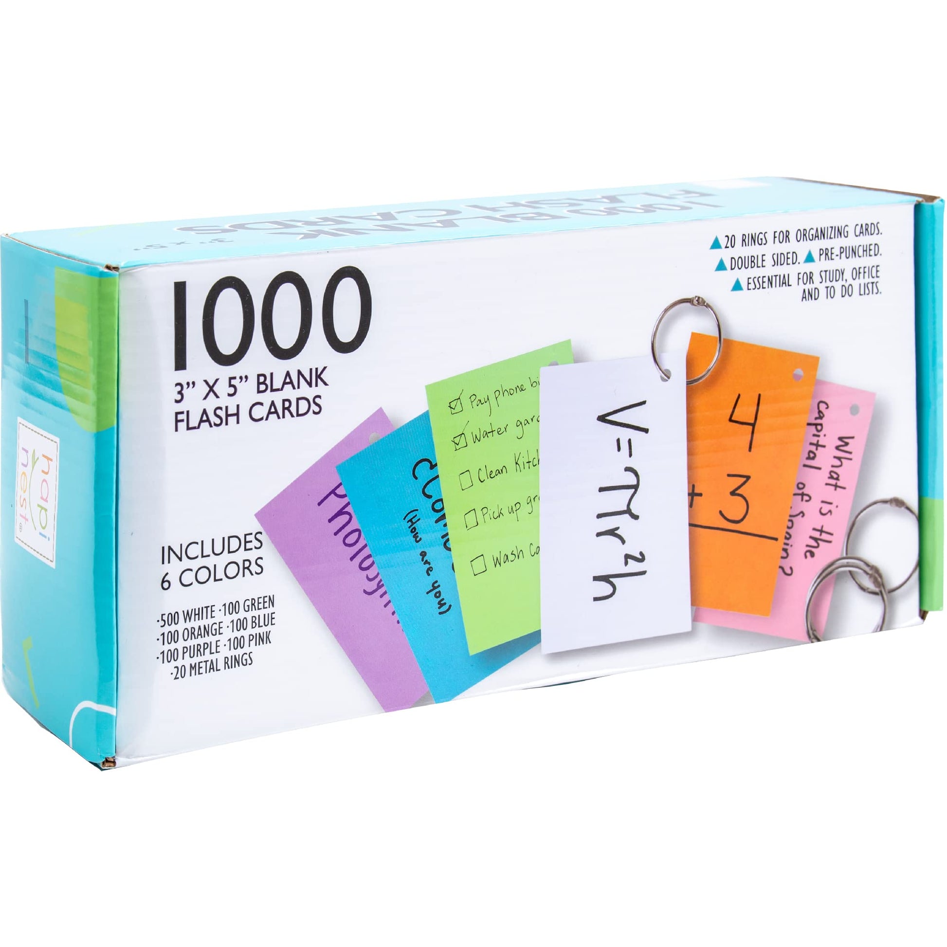 Hapinest 1000 Blank Flash Cards Colored Index Cards 3x5 w/20 Binder Rings, Unruled Unlined Index Cards with Ring, Hole Punched Notecards Flashcards