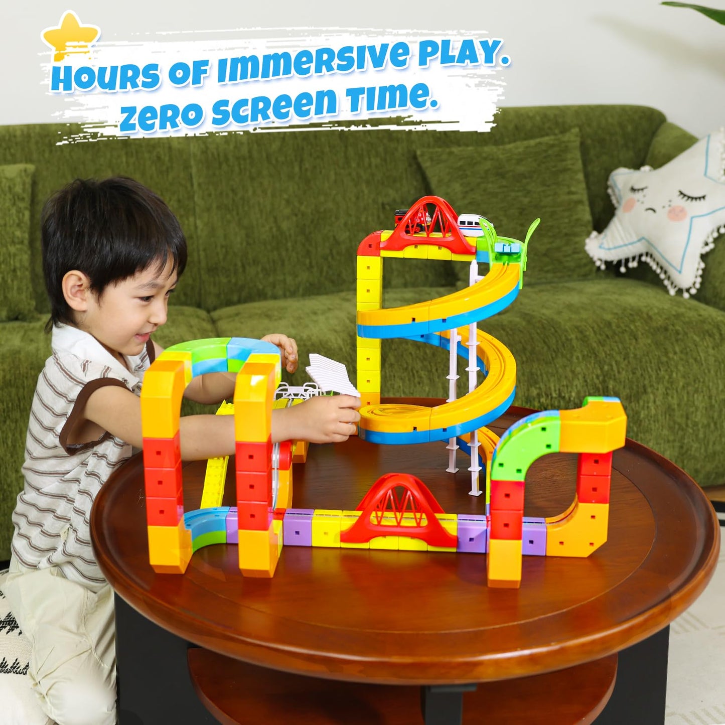 Infini Track Helixo Edition: 112 Pcs Electric Train Set with 3D Cube Tracks, Spiral Ramp & Gravity Seesaw, Creative STEM Building Block Train Toys