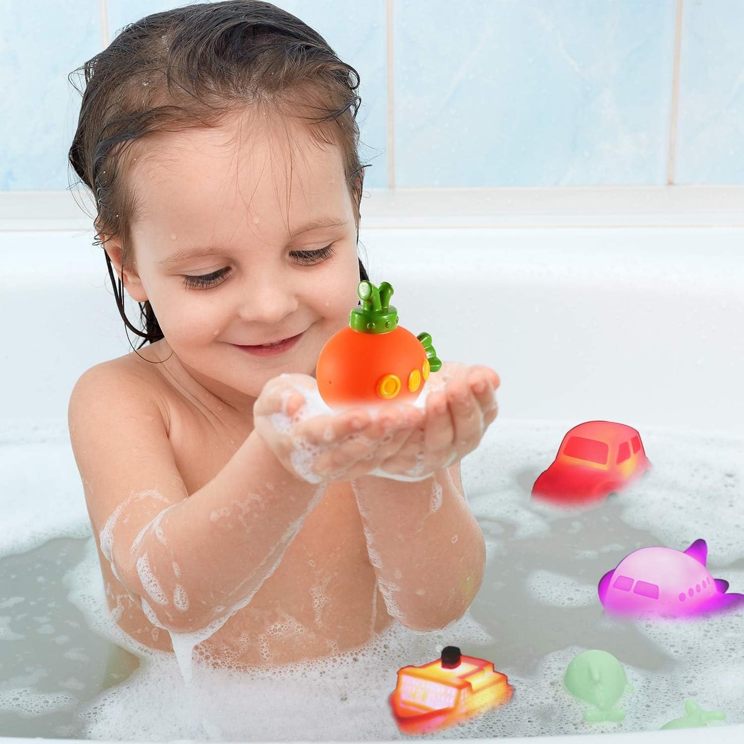 6 Packs No Hole Boat Bath Toy Set, Light up Changing Color in Water, Floating Rubber Bathtub Toys for Baby Toddler Infant Boy Girl Kid Play, Led