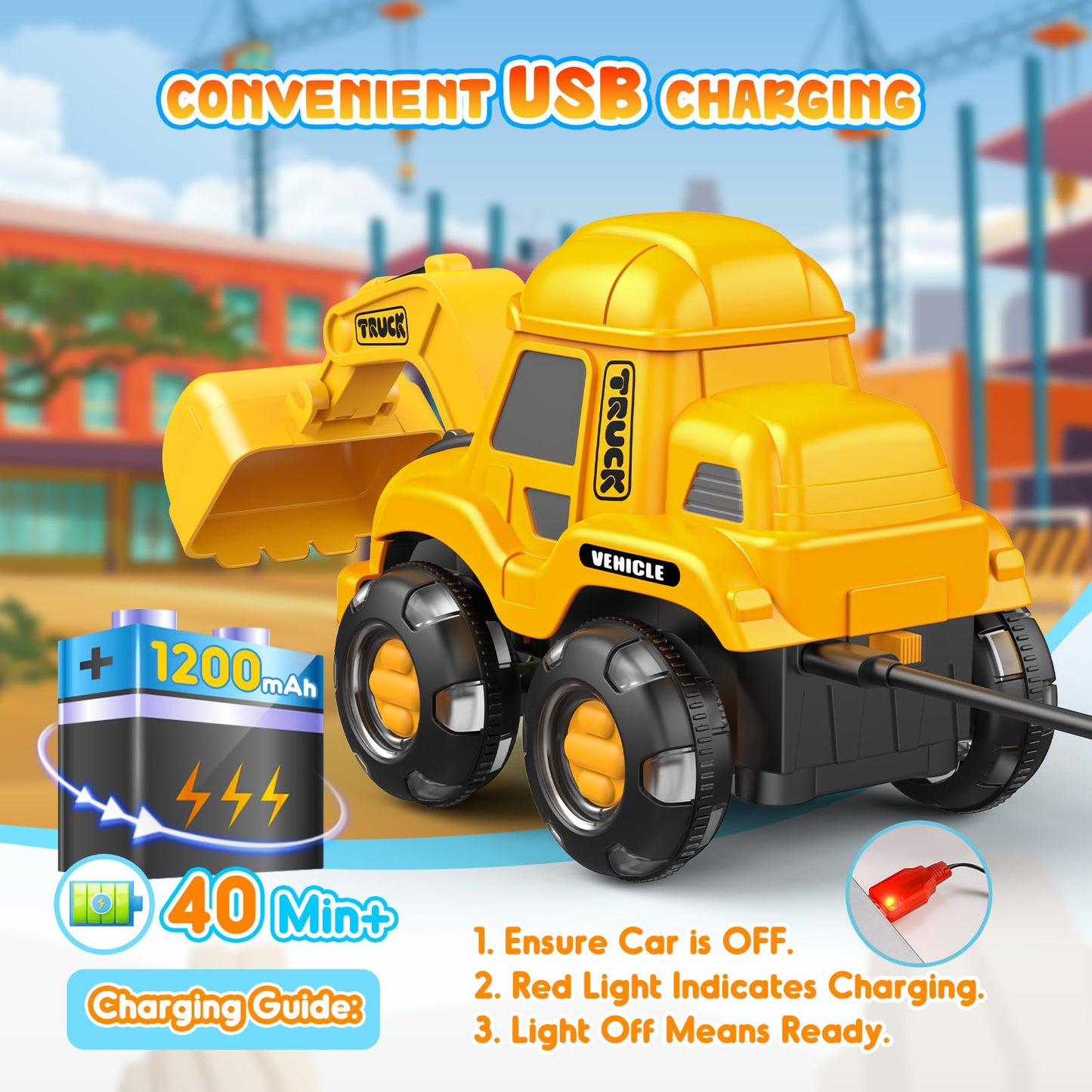 Toyjolka Toddler Remote Control Car with Flashing Light Wheels for 2 3 4 5 6 Year Old Boys Girls, USB Rechargeable Construction Excavator Toy