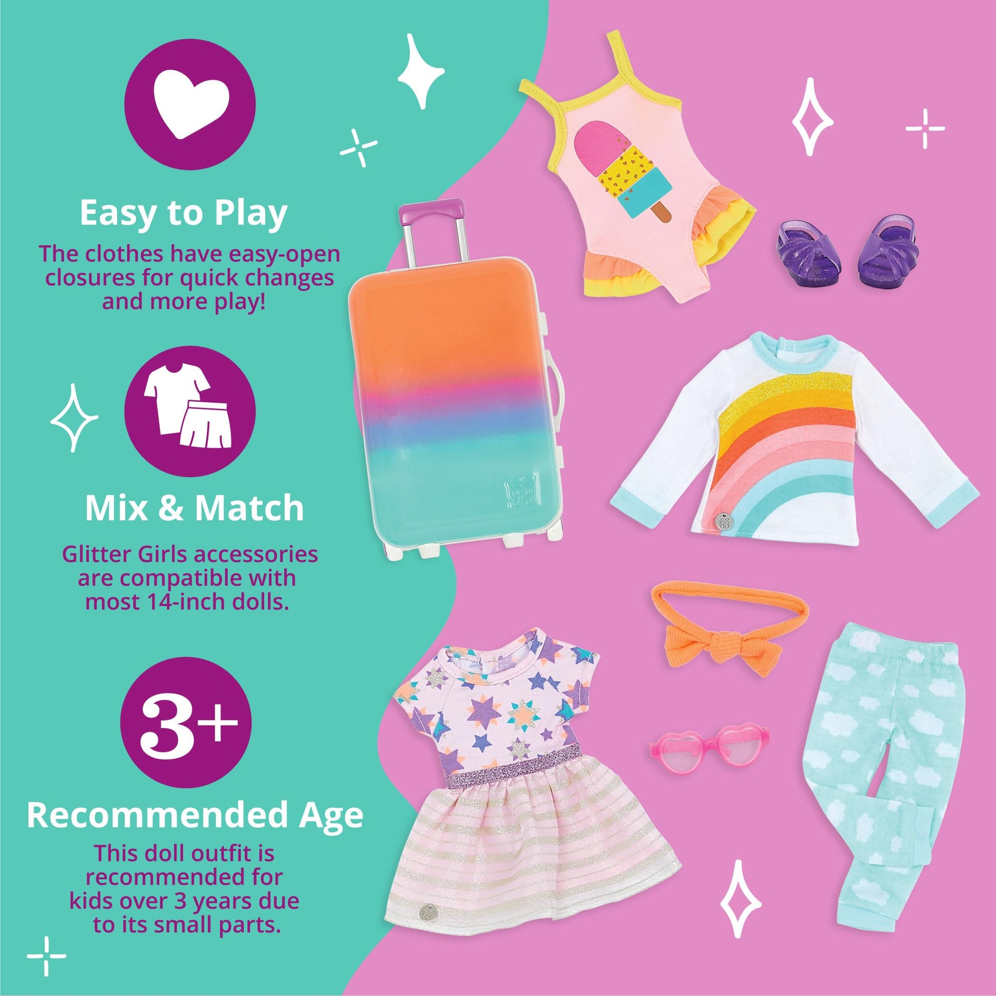 Glitter Girls - 14-Inch Doll Clothes & Accessories- Suitcase & Fashion Set - Luggage with 3 Mix & Match Outfits & Heart Glasses - Rainbow Pajama