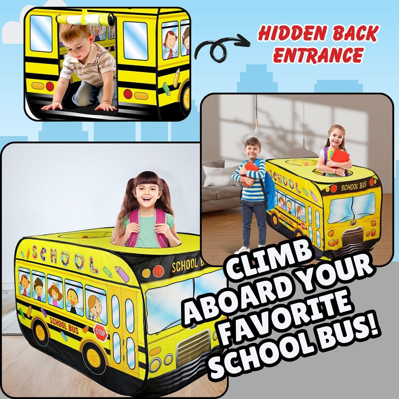 Pop Up Play Tent for Kids - My First Foldable Indoor & Outdoor Playhouse Vehicle Toys for Toddlers, Boys and Girls (School Bus)