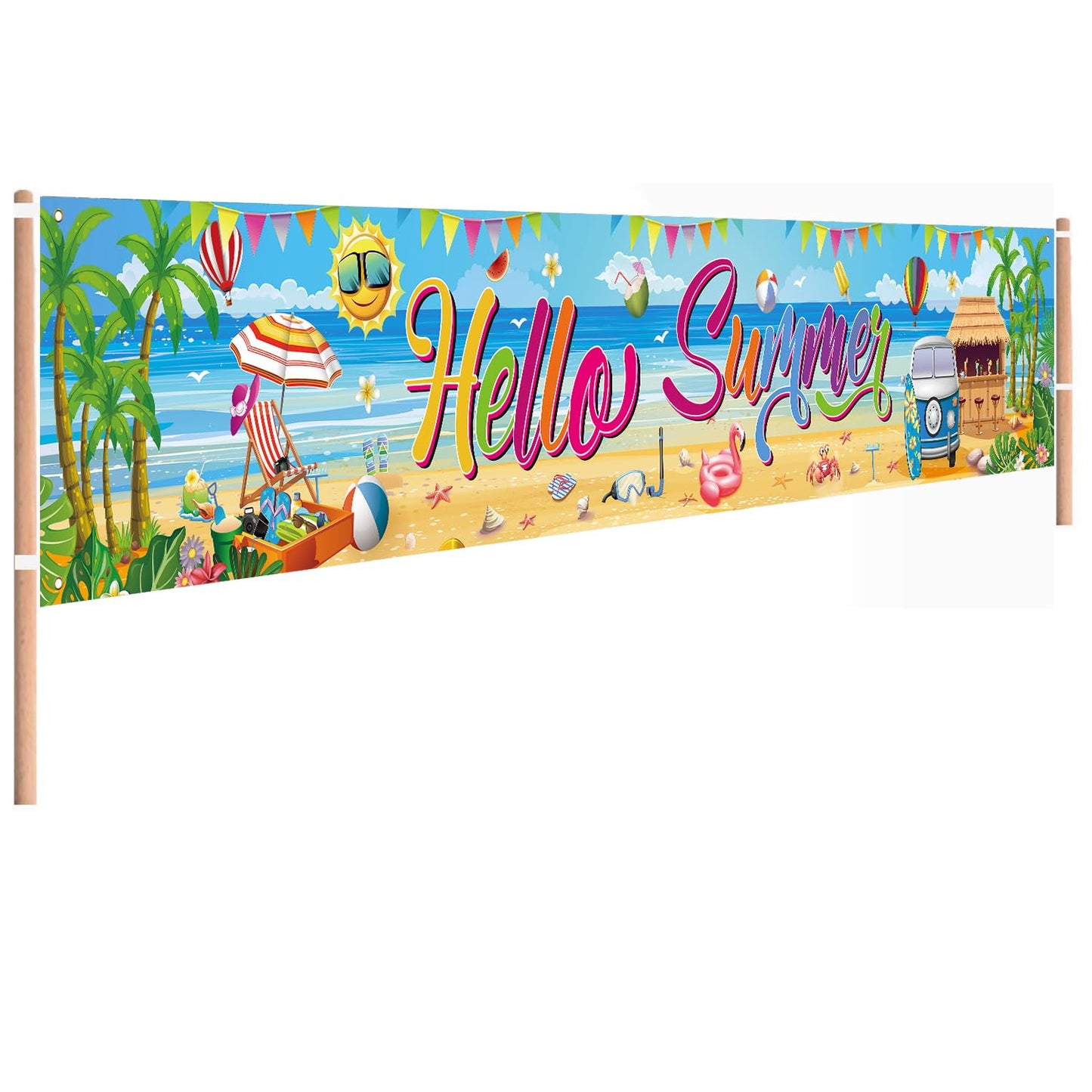 Hello Summer Banner, 118 x 20 Inch Beach Pool Hawaiian Luau Party Decorations for Outdoor Display