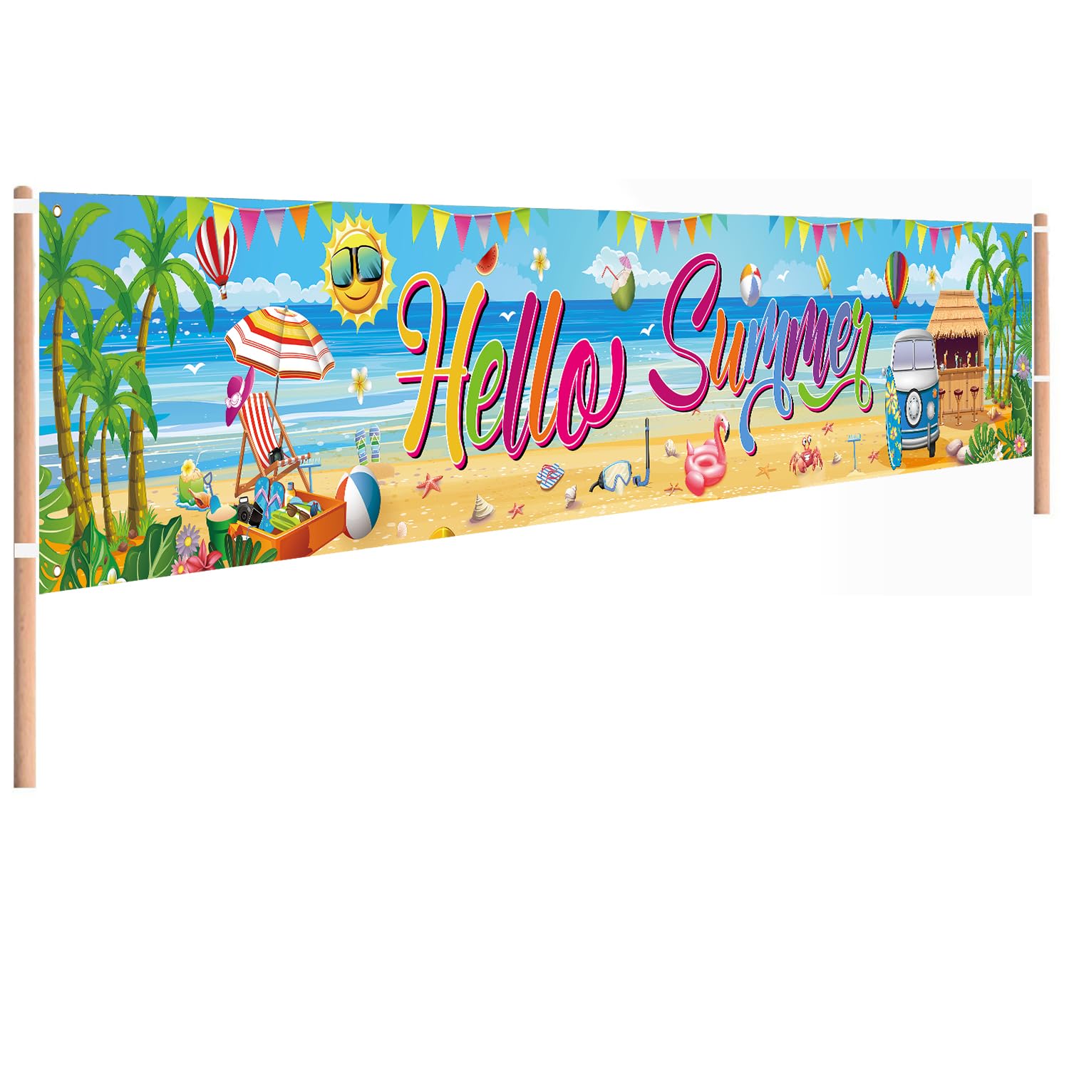 Hello Summer Banner, 118 x 20 Inch Beach Pool Hawaiian Luau Party Decorations for Outdoor Display