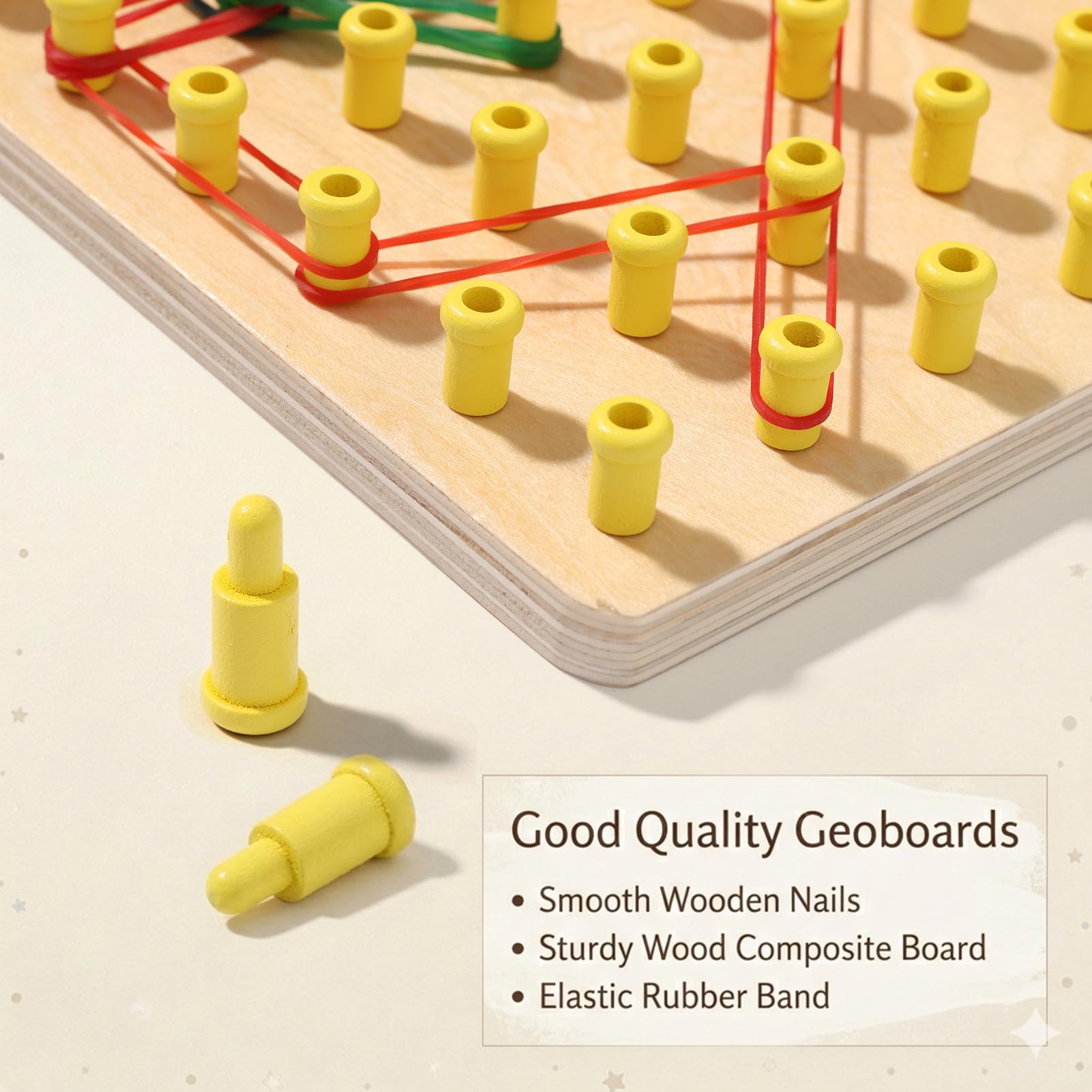 Wooden Geoboard with Stackable Pegs - 2 in 1 Montessori Peg Board Toy with 68Pcs Wood Pegs for 3 4 5 6 Year Old Kids - Fine Motor STEM Building Set