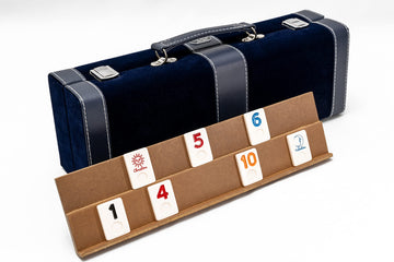 Bello Games New York, Inc. Spring Street Deluxe Designer Rummy Game Set with Wooden Racks and Large Size Engraved Numbers in a Blue Velour Case
