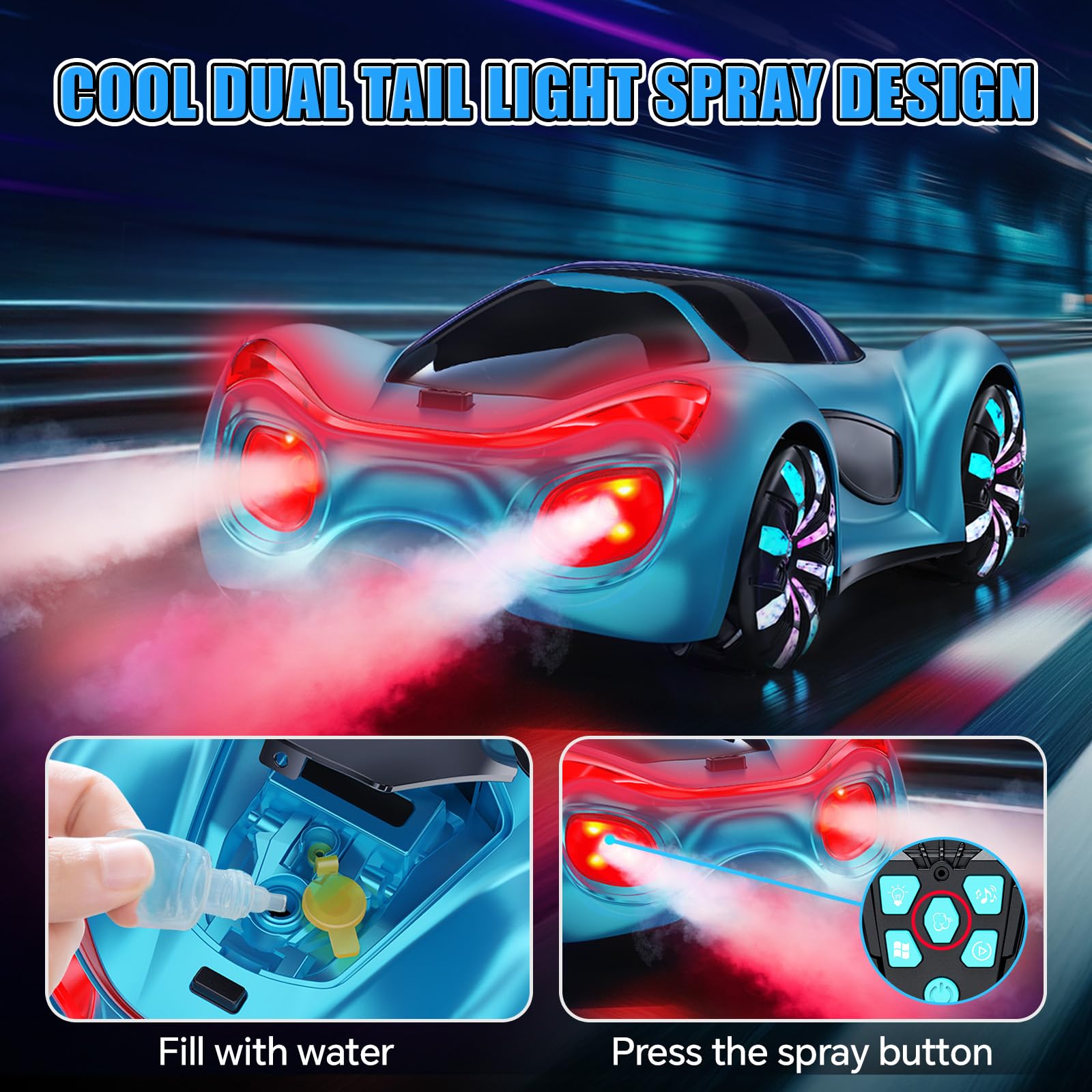 ECOSAT-QIU Remote Control Car,RC Cars Boys Toys for 6 7 8 9 10 11 12 Year Old 2.4GHz 360° Rotate RC Cars with Cool Lights, Music & Spray Effects Cool