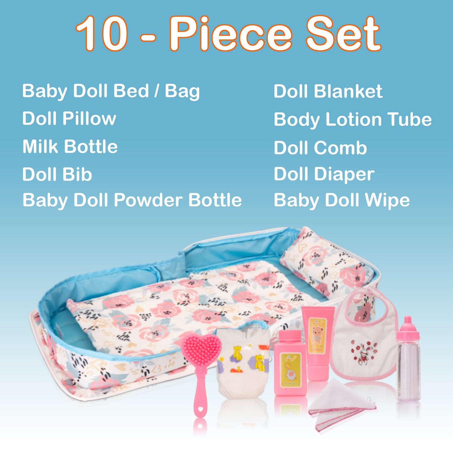 HappyVk Baby Doll Bed Set - Portable Doll Bassinet for Dolls up to 21 Inches - Pretend Play Handbag for Girls Ages 3+ Doll Accessory Playset - Pink