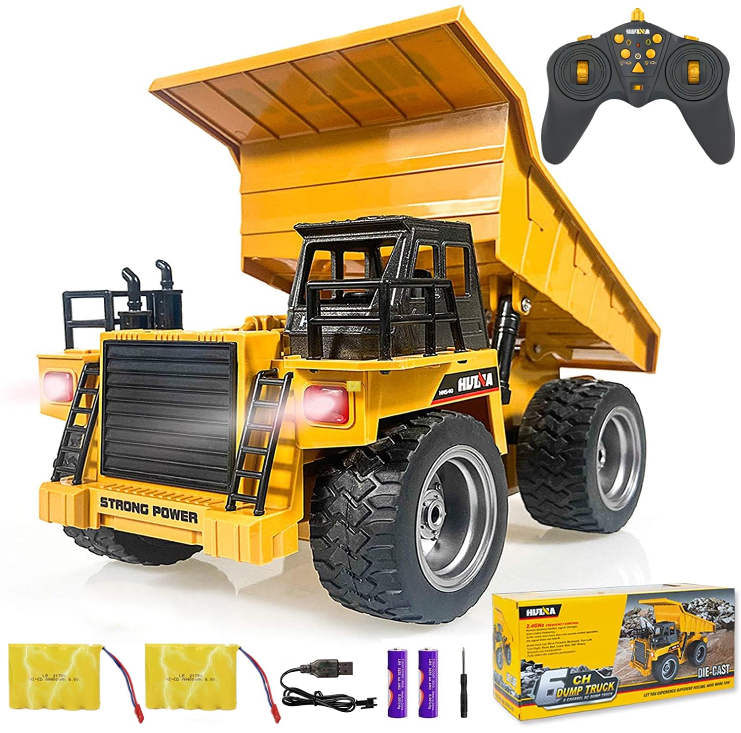 kkny Remote Control Construction Dump Truck Toy 2.4G RC 6 Channel Bulldozer 4 Wheel Driver Mine Construction Alloy Metal Vehicle Truck 1:18 with 2