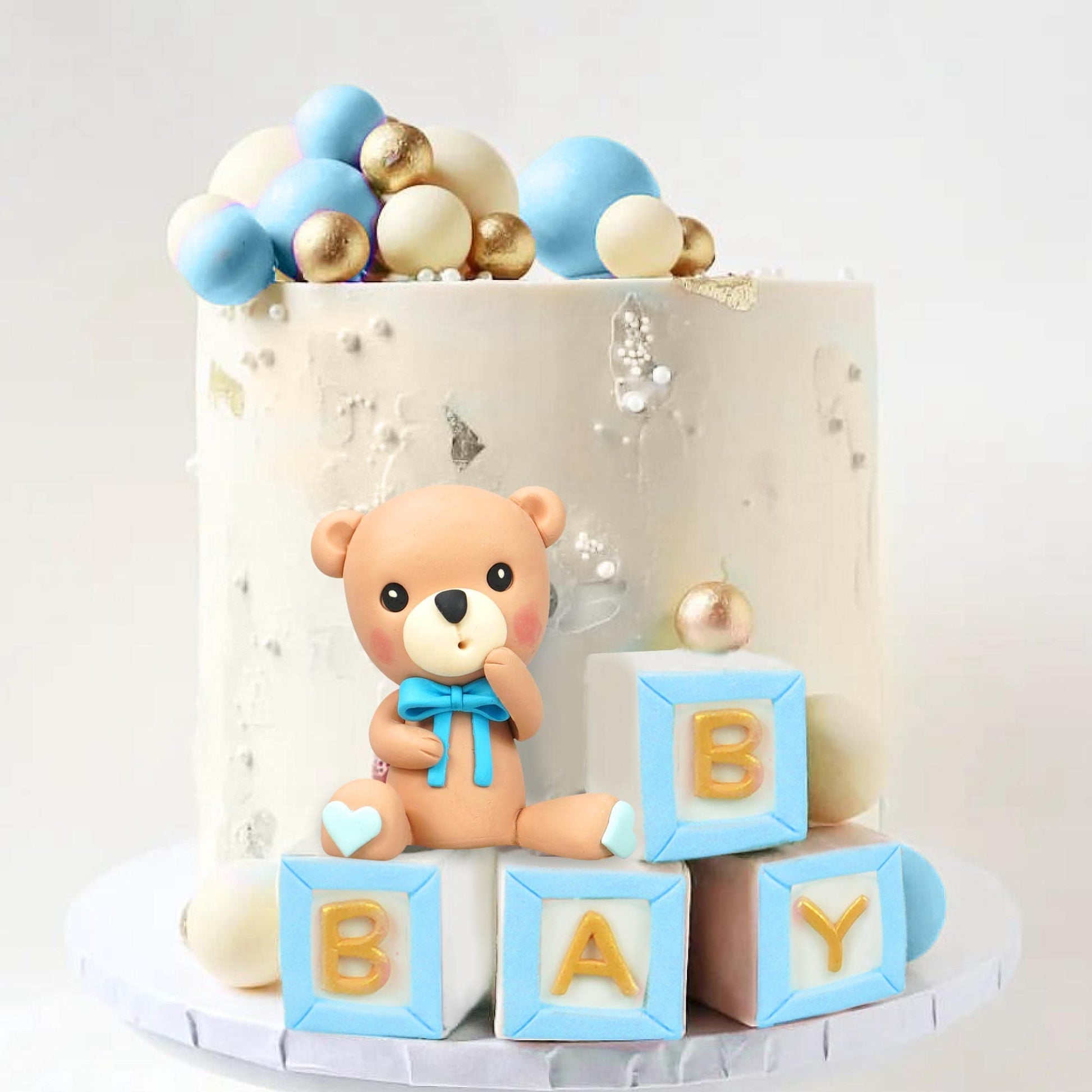 Bear Cake Toppers Mini Bear Cake Decorations Blue Letter Cake Toppers Gold Blue White Pearl Ball for Bear Theme Birthday Supplies (Blue Baby)