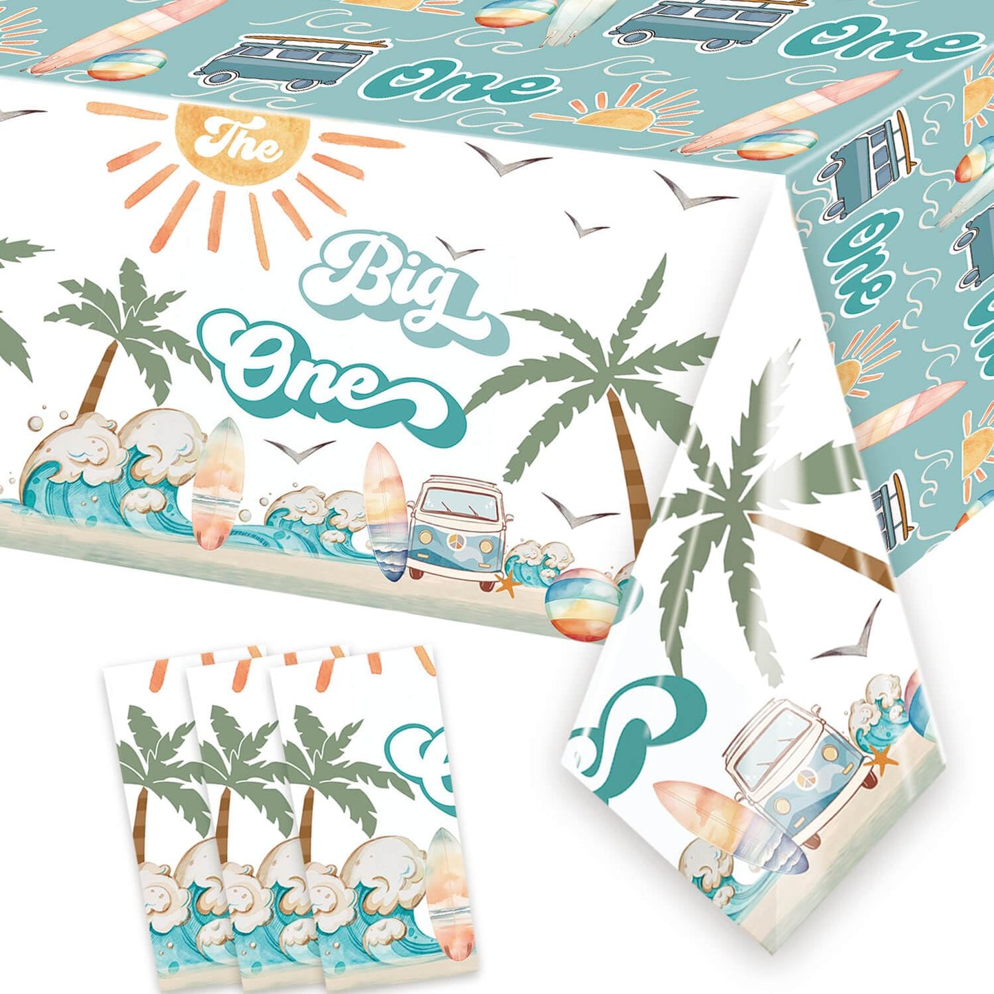 3 Pcs Surf 1st Birthday Party Supplies Boy Table Cloth 54in x 108in Surfing The Big One Tablecovers for Summer Beach Theme Boys Surfing First Birthday