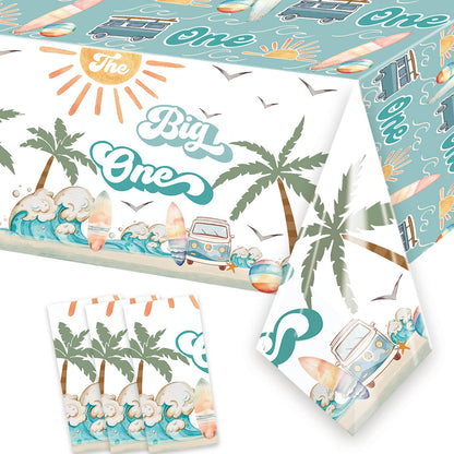 3 Pcs Surf 1st Birthday Party Supplies Boy Table Cloth 54in x 108in Surfing The Big One Tablecovers for Summer Beach Theme Boys Surfing First Birthday