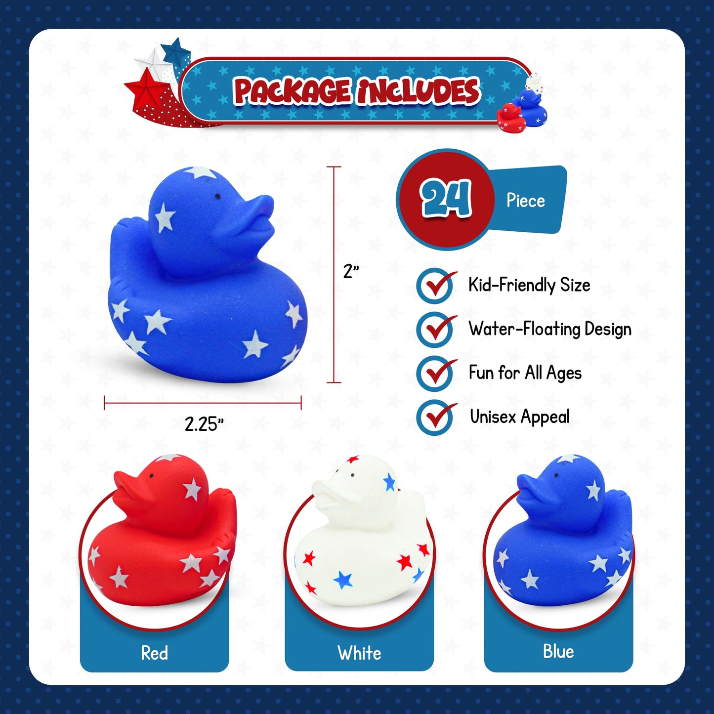 4E's Novelty Patriotic Rubber Ducks (24 Pack) Bulk 2" - 4th of July Party Favors, Patriotic Party Supplies Gifts toys for Kids Adults Fourth of July