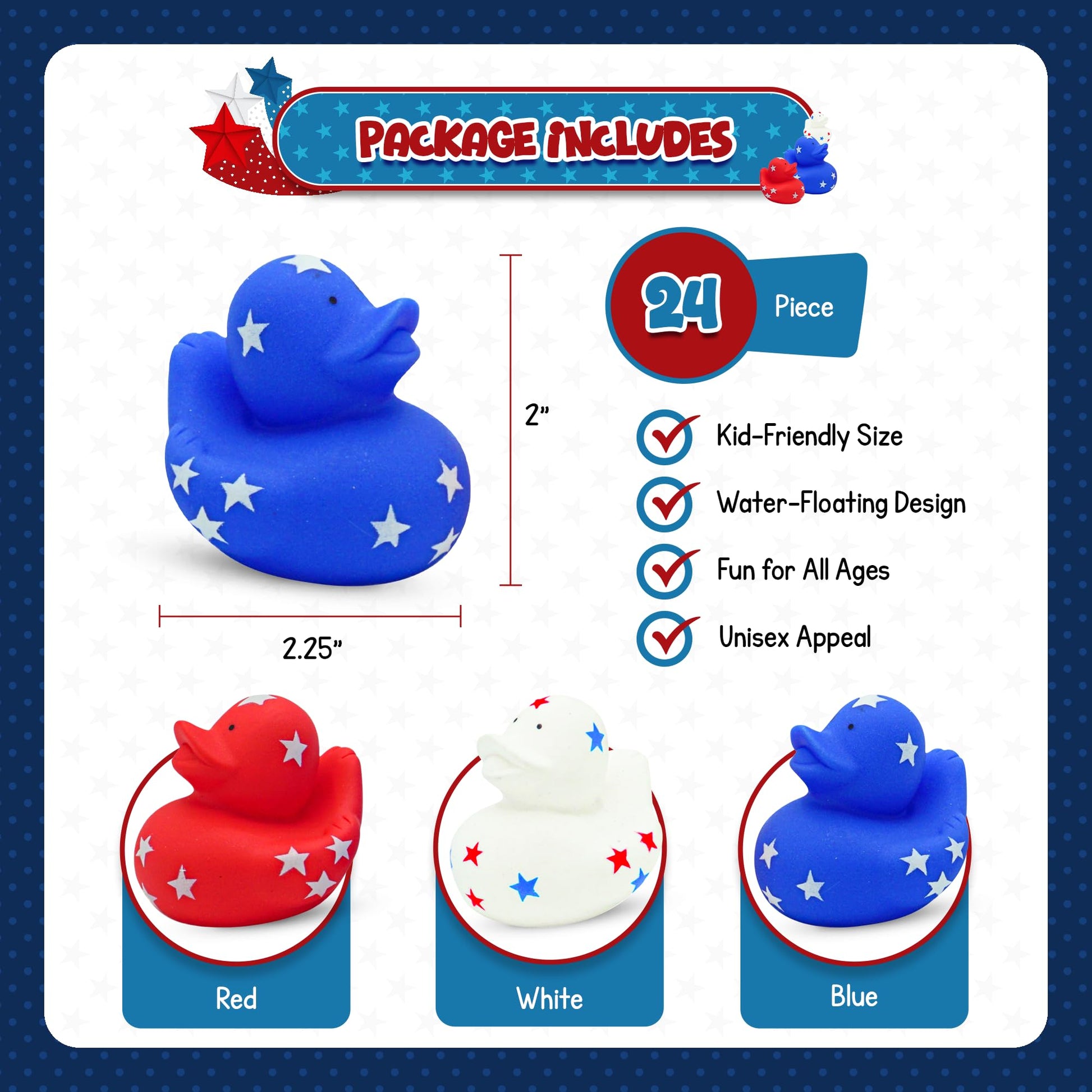 4E's Novelty Patriotic Rubber Ducks (24 Pack) Bulk 2" - 4th of July Party Favors, Patriotic Party Supplies Gifts toys for Kids Adults Fourth of July