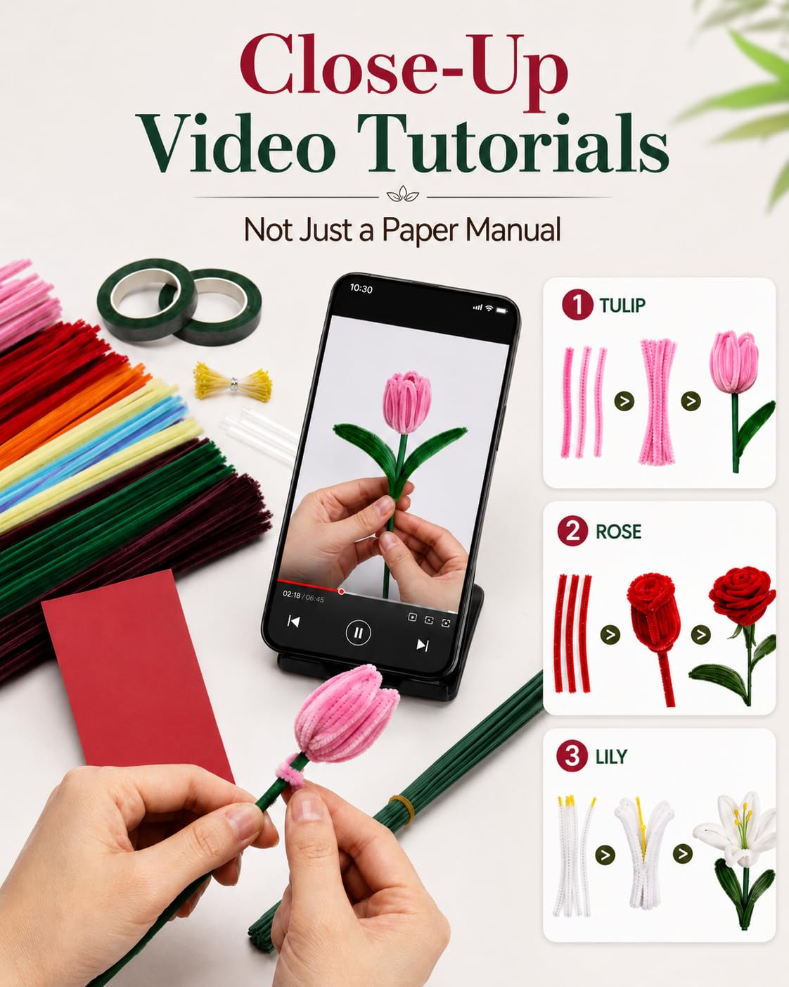 Anpyxun Pipe Cleaner Flower Kit for Adults, 600 PCS All-in-One Chenille Stems Flower Bouquet Making Kit with Video Tutorials, 6 Colors Forever Flower