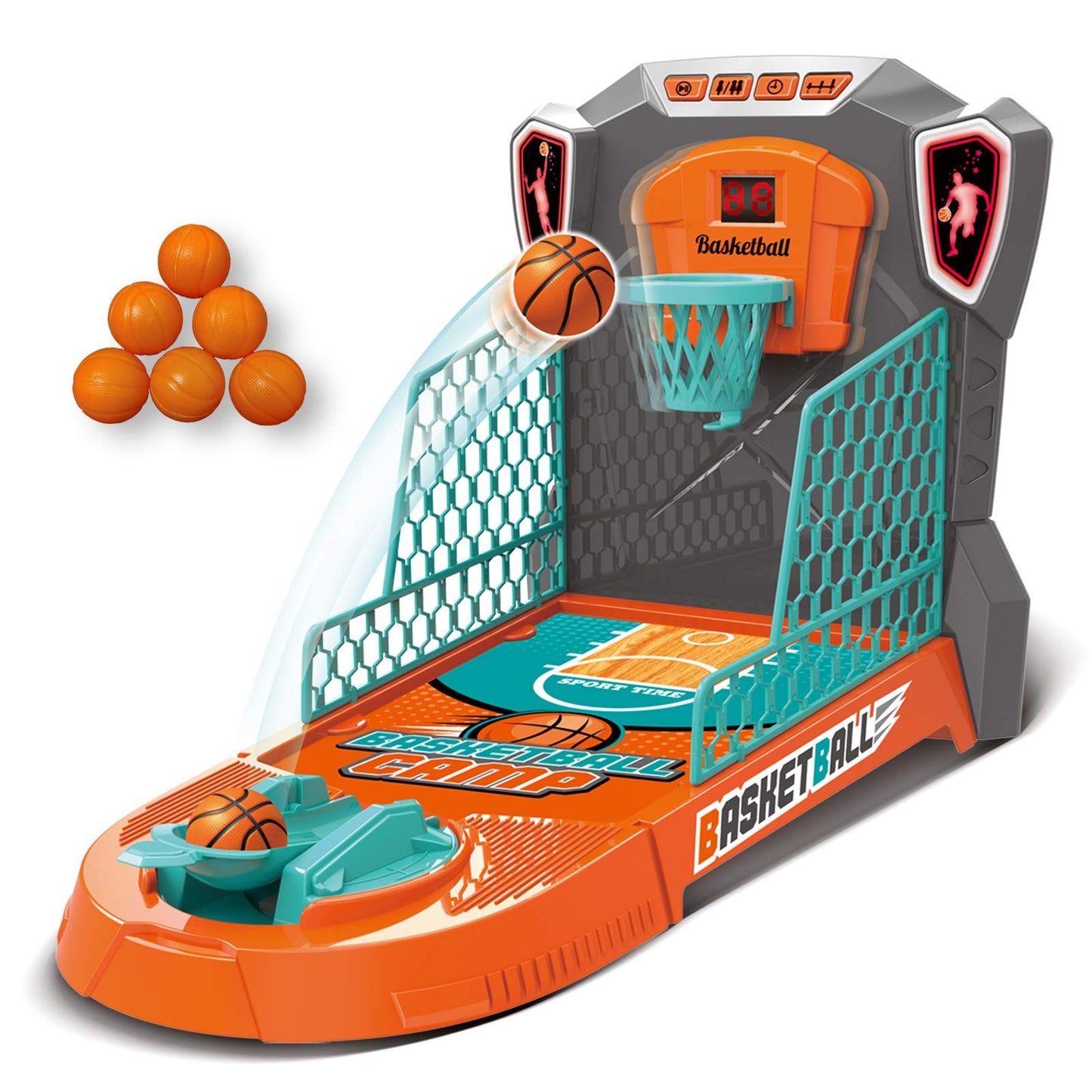 KUARLUBI Basketball Shooting Game Toy, Desktop Table Basketball Games Set with Basketball Court, Move Basket, Light and Score Fun Sports Novelty Toy
