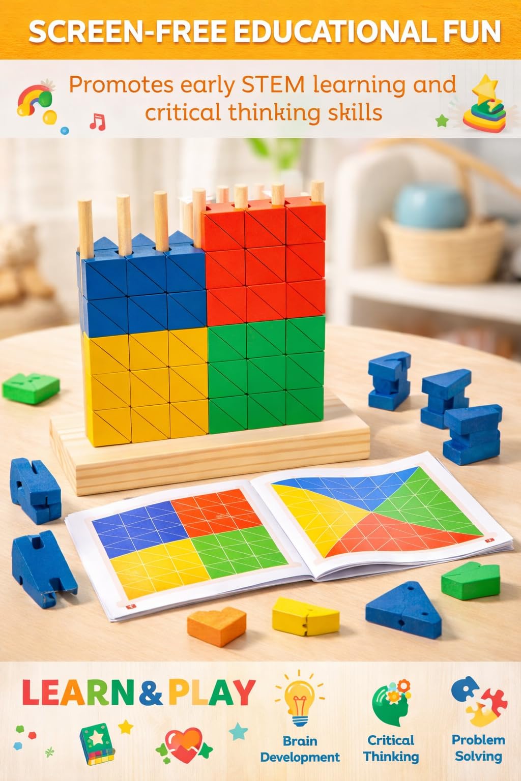 Montessori Wooden Stacking Toy for Kids - Toddler & Preschool STEM Learning Creative Brain Teaser Educational Logic Game - Puzzle Colorful Triangle