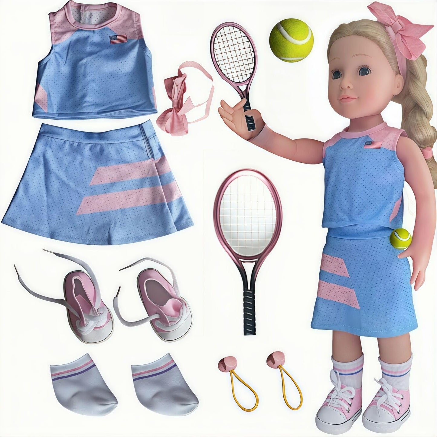 Wenzhuo 18inch Doll Clothes and accessories-18 Dolls Tennis Sports Outfits-Tops, Short Skirt, Headbands, Hair Band?Doll Socks, Dolls Shoes, Rackets