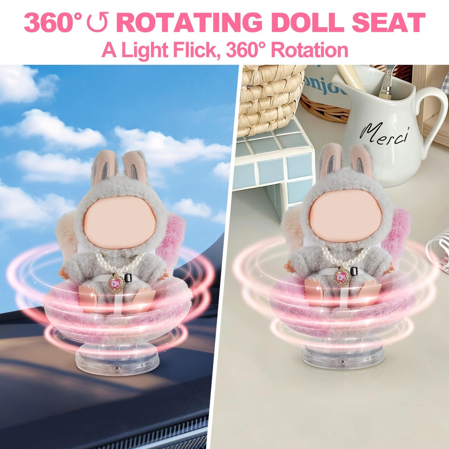 SYFLHYP Cute Doll Car Seat for Labubu, Premium Car Seat Accessories for 4-7in Dolls, 360° Rotation, Including Air Vent Clip, Desktop Stand, Adjustable