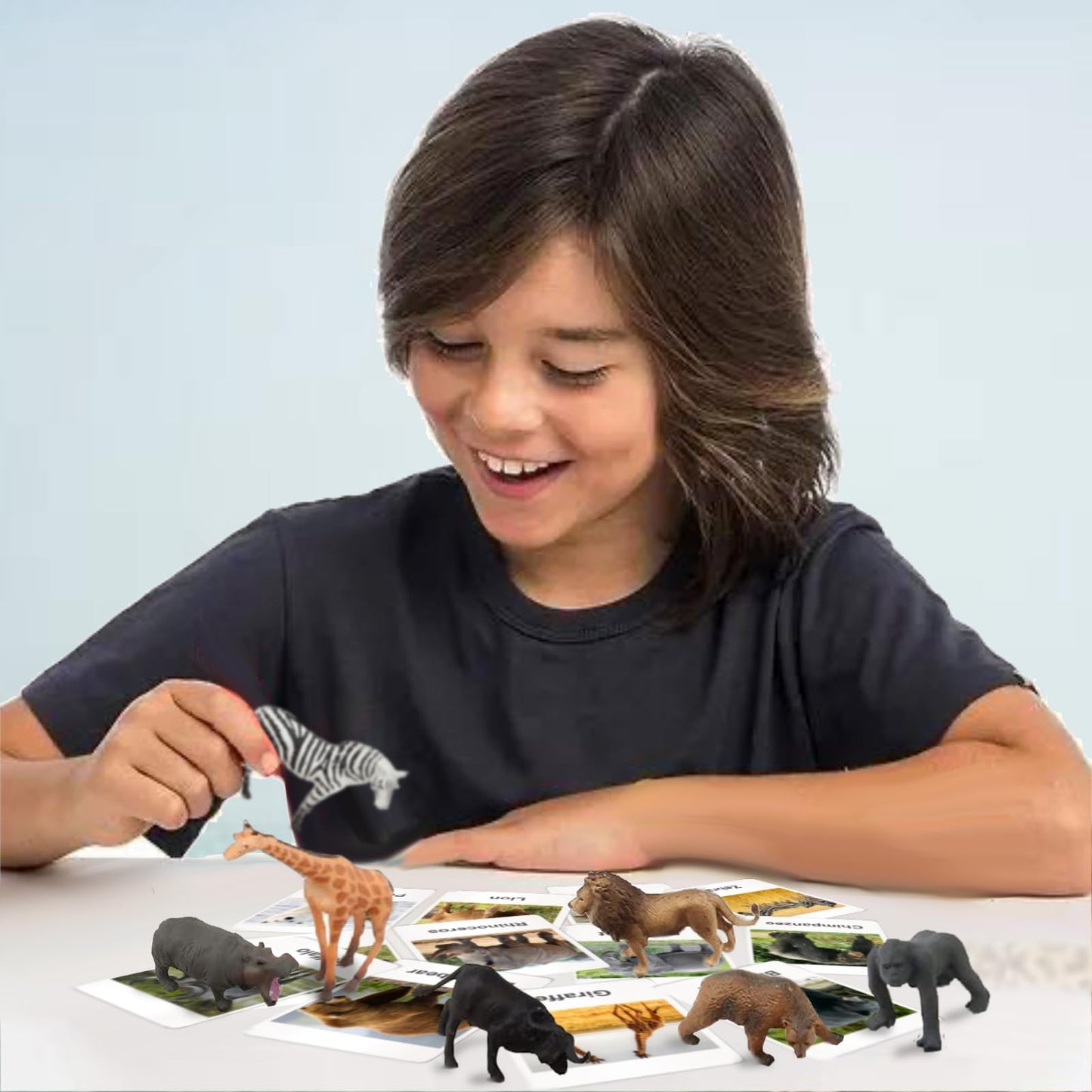 RUSON 12 Safari Animals Figures Toys with 12 Flash Cards, Realistic Mini Jungle Animal Figurines Cake Topper Party Supplies Montessori Animal Matching