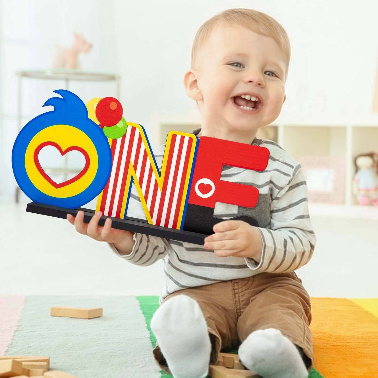C1krint Plim Plim ONE Letter Sign Wood Table Centerpiece - 1Pcs Circus Clown Plim Plim Theme First Birthday Party Decoration Supply for One Year Old