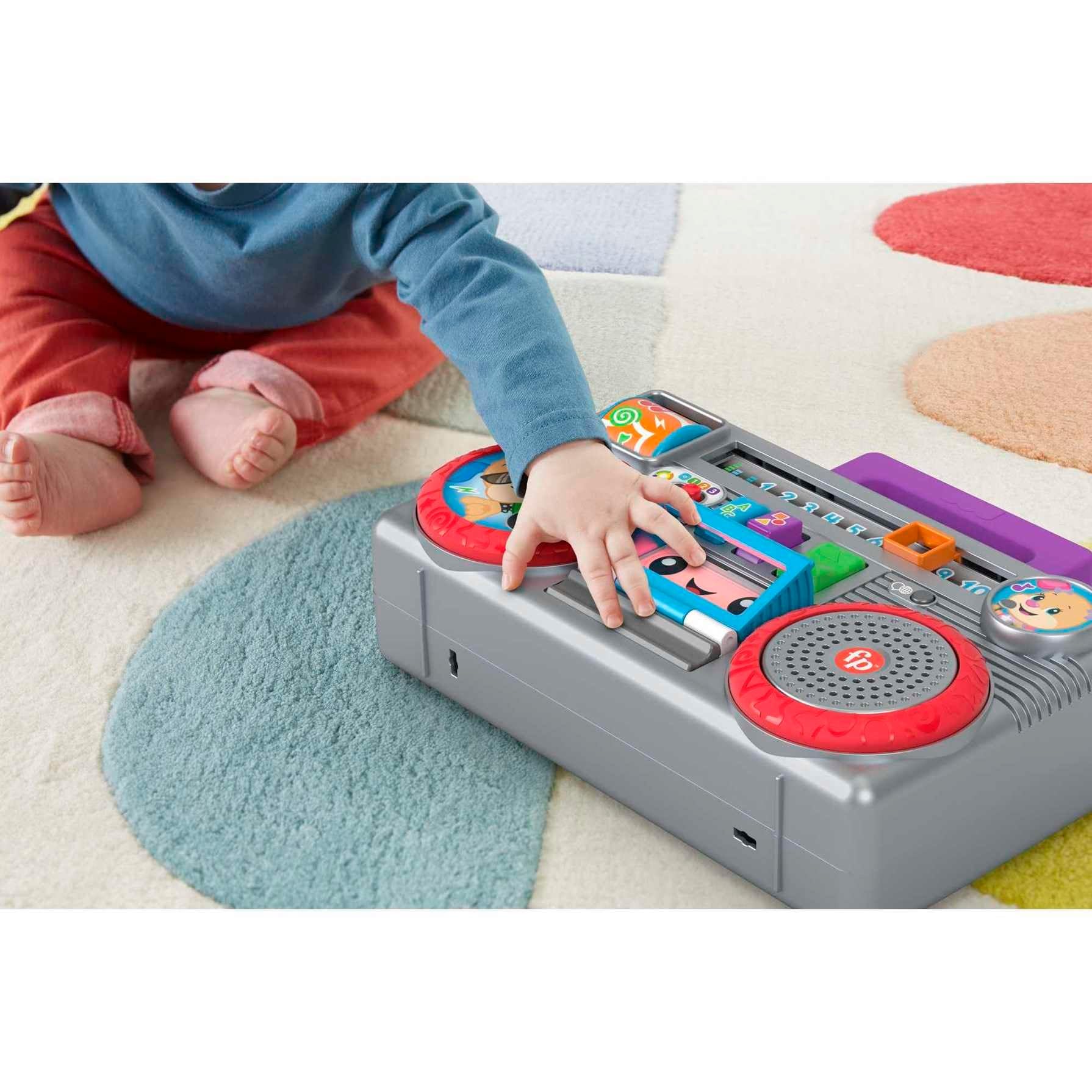 Fisher-Price Laugh & Learn Busy Boombox - UK English Edition, Retro-Inspired Musical Infant Activity Toy with Learning Content for Baby and Toddlers