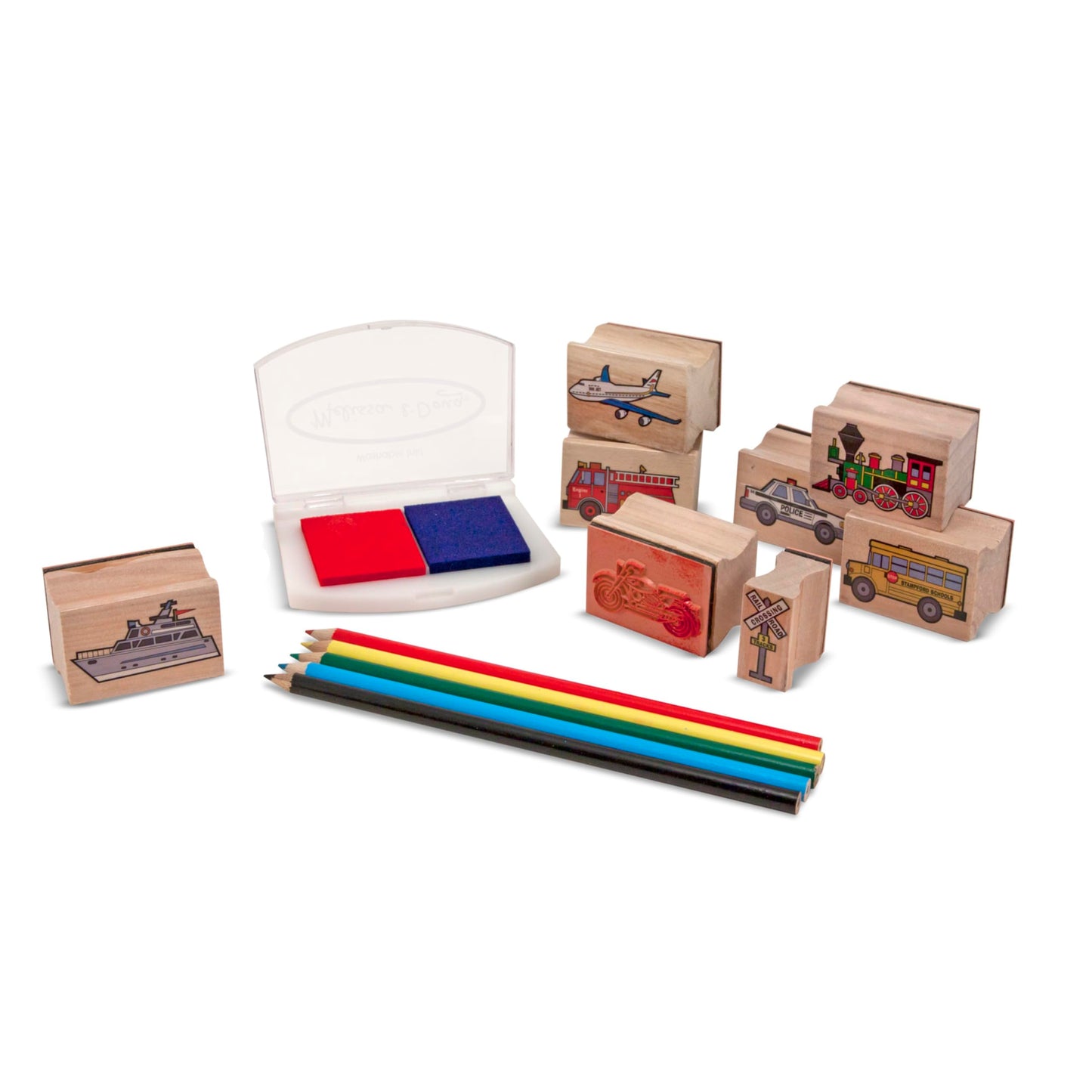 Melissa & Doug Wooden Stamp Set: Vehicles - 10 Stamps, 5 Colored Pencils, 2-Color Stamp Pad