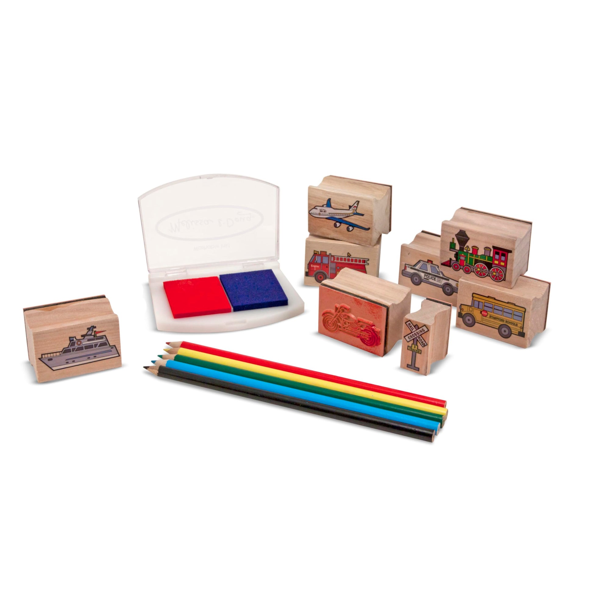 Melissa & Doug Wooden Stamp Set: Vehicles - 10 Stamps, 5 Colored Pencils, 2-Color Stamp Pad