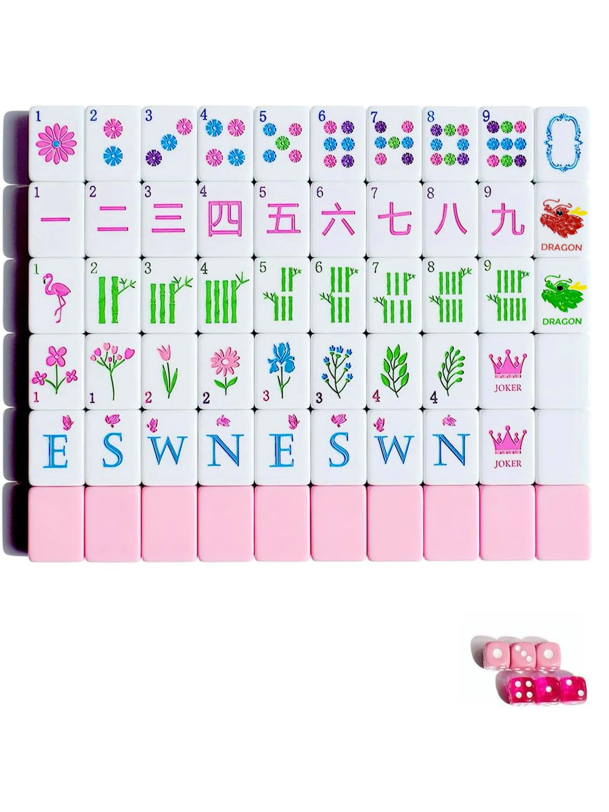 HYZYey Mahjong Tile Set American 160 Acrylic Engraved Mah Jongg Game Tiles with Bag 6 Dice Accessories Gifts for Majong Players Beginners (Pink