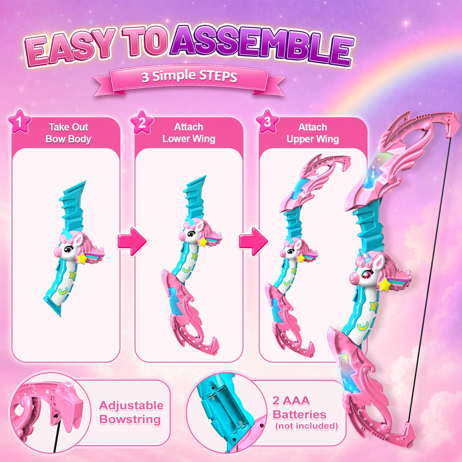 Innofans Unicorn Toys for Girls Age 4-6, Bow and Arrow Set LED Light Up with 10 Pink Suction Cup Arrows, Target & Quivers, Christmas Birthday Gift
