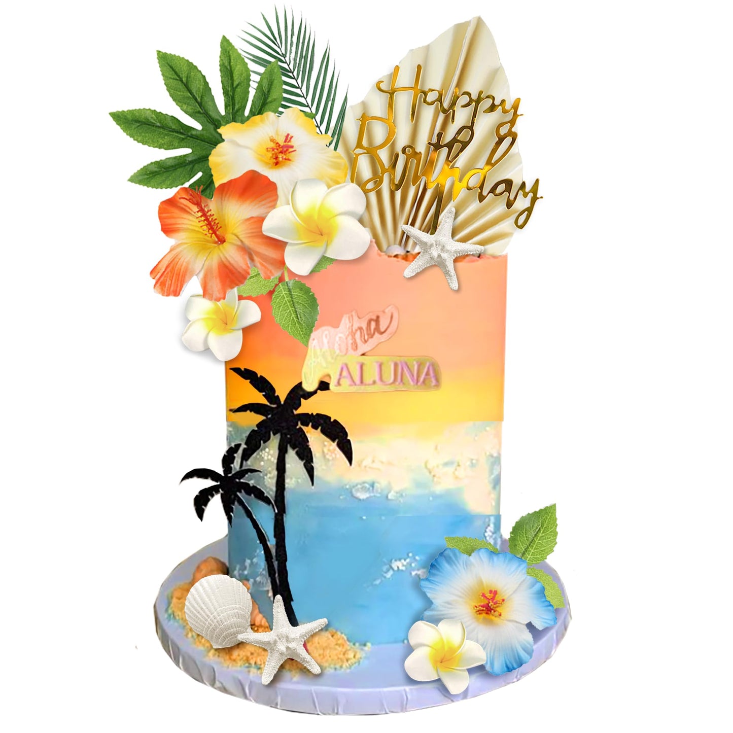Summer Beach Cake Topper with Flowers Palm Leaves Starfish for Swimming Beach Luau Birthday Supplies (Style 1)