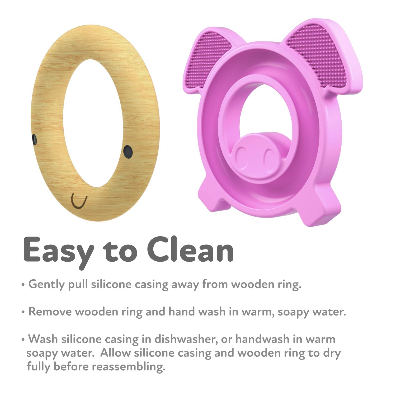Nuby Natural Wood & Silicone Teether: Pig, 3M+, Pink