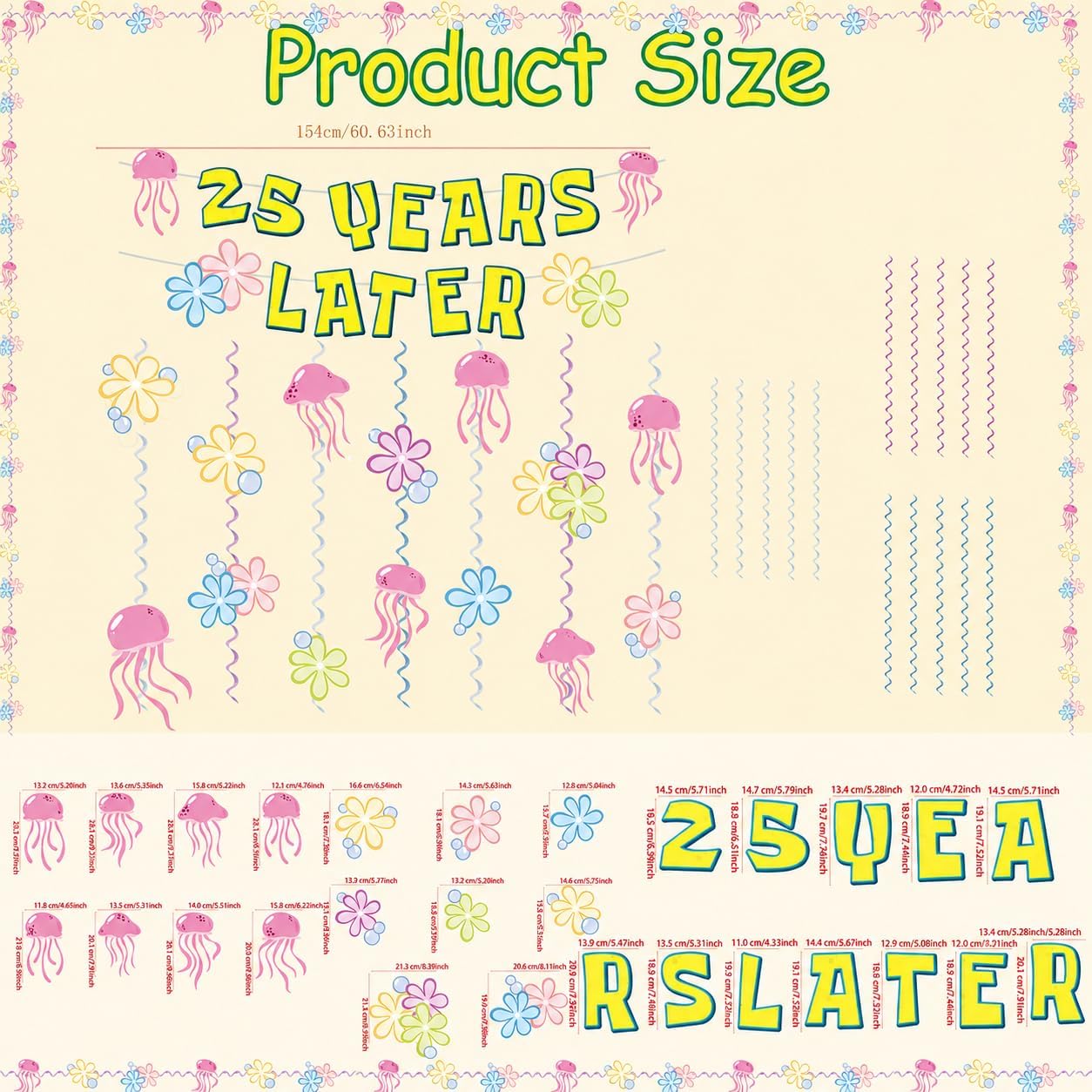 25 Years Later Birthday Banner Carton Banner Jelly Fish Hanging Swirls Garlands Sea Animals Hanging Banner for Birthday Party Decorations Supplies