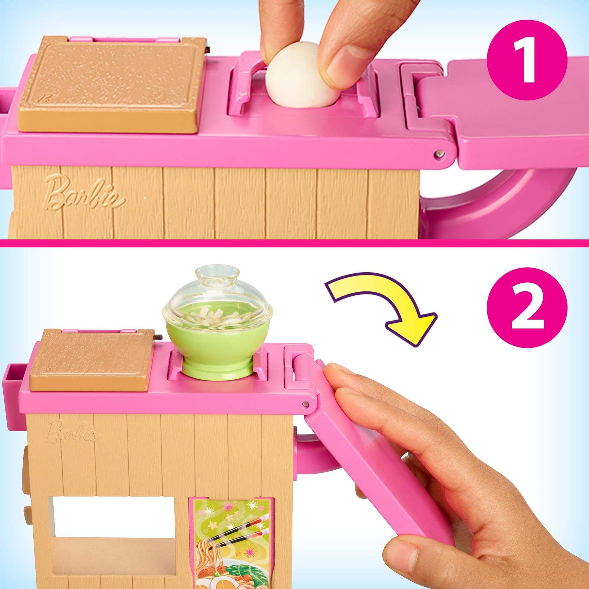 Barbie Noodle Bar Playset with Blonde Doll, Workstation, 2 White and Green Dough Containers, 2 Bowls, Play Knife and 2 Pairs of Chopsticks for Ages 4