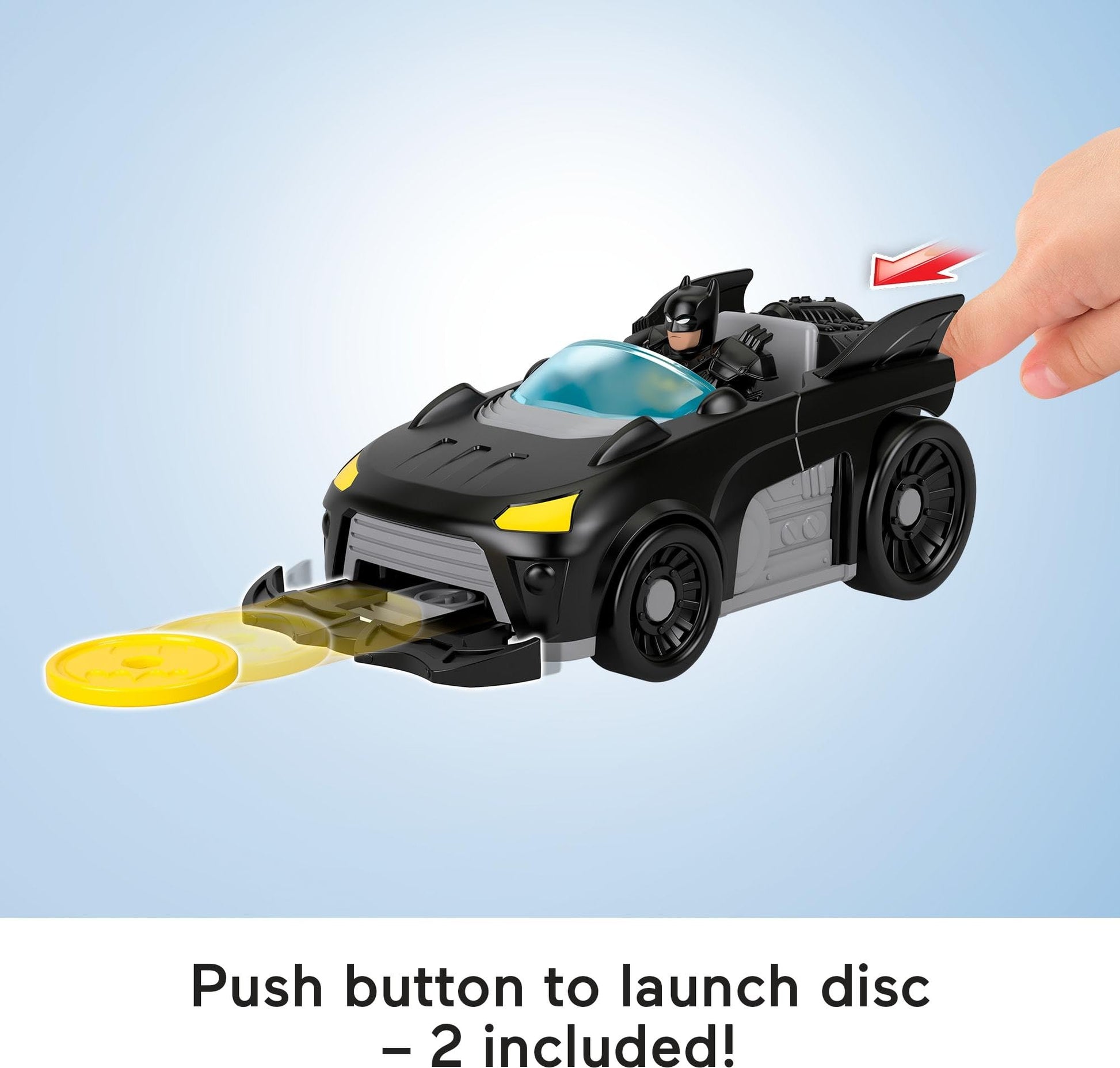 Fisher-Price Imaginext DC Super Friends Metal Force Batmobile Toy Car, 3-inch Batman Action Figure & Accessories Set, Includes Launcher & 2 Discs