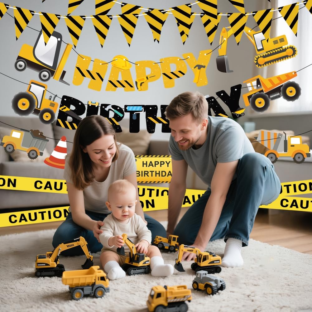 Construction Party Supplies Dump Truck Party Decorations Set with caution tape, construction pennant flags, Happy Birthday Banner, Vehicle Banner