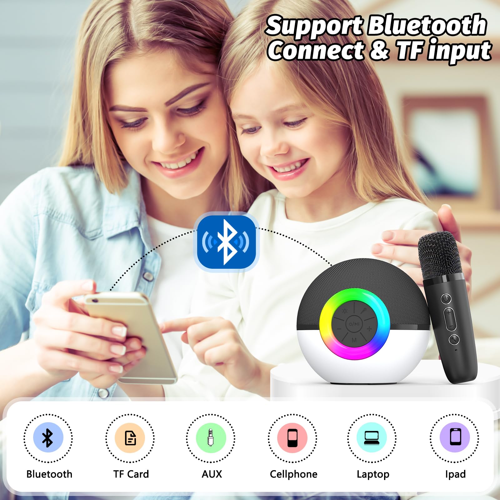 goopow Mini Karaoke Machine Speaker for Kids Adults, Portable Bluetooth Microphone Song Toys with LED Light, Best Chritmas Birthday Festival Gift for