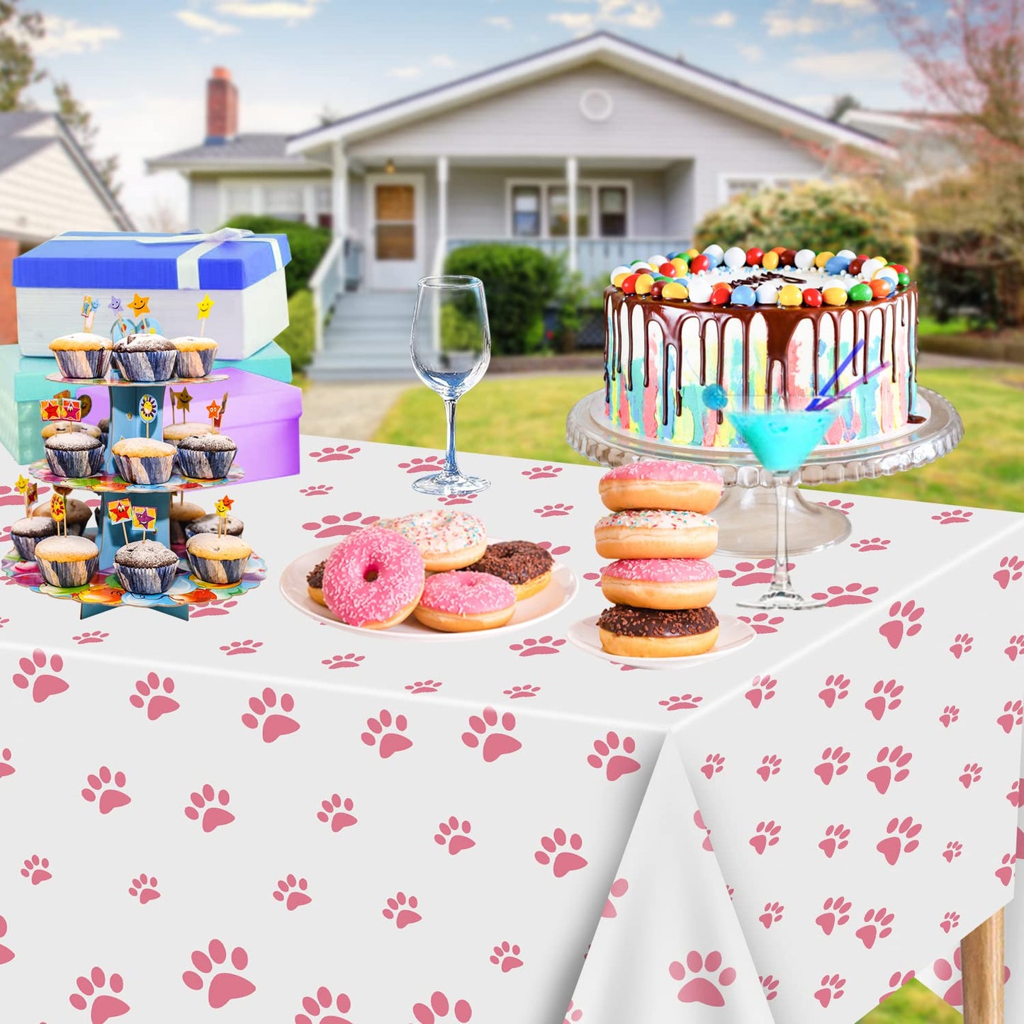 QUERICKY 2 Pack Puppy Paw Print Tablecloths, 51x87'' Plastic Disposable Table Cover for Pet Themed Party Decorations for Cat Dog Birthday Party