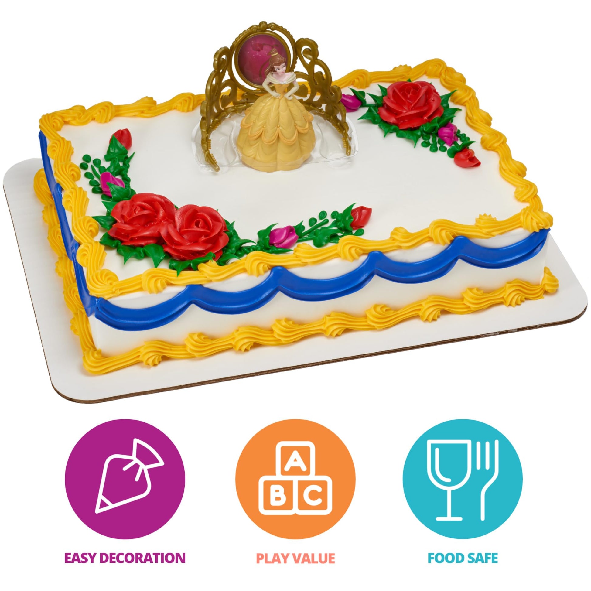 DecoSet® Disney Princess Belle Beautiful As A Rose Cake Topper, 2-Piece Decorations Set with Belle Figurine and Golden Tiara with Spinning Jewel