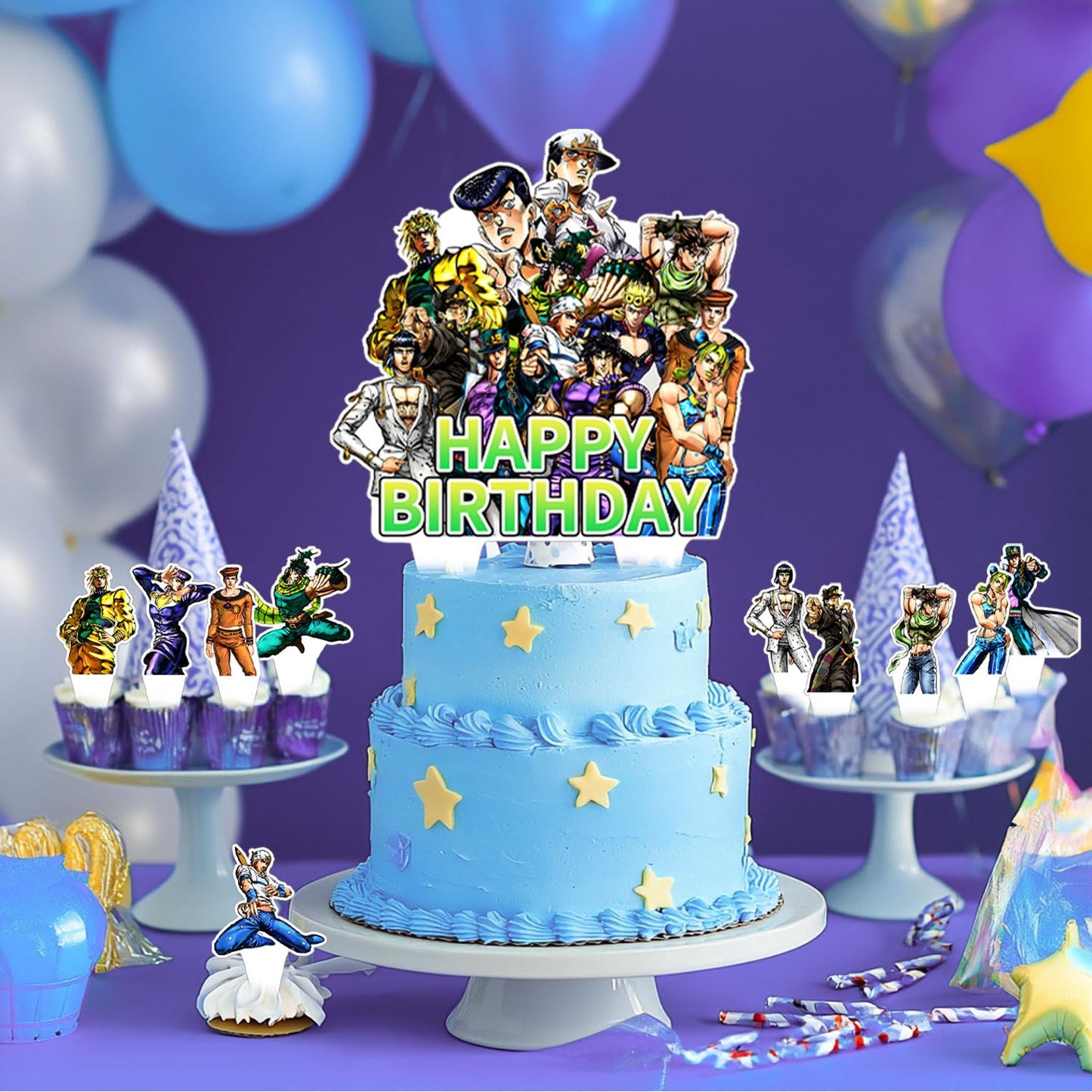 JOJO Birthday Party Decoration, Include Anime Backdrop 5 x 3 FT, Latex Balloons, Cake Topper for Adventure Theme Teen Fans Party