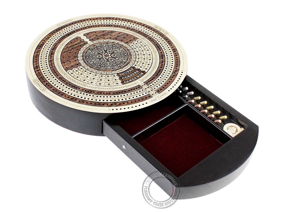 House of Cribbage - 10" Round Shape 4 Tracks Continuous Cribbage Board Rosewood/Maple - Push Drawer with Score Marking Fields for Skunks, Corners