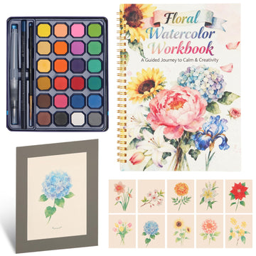 EIOLUIK Watercolor Painting Kit for Adults & Beginners: Includes Summer Beach watercolor Workbook, 16 assorted colors, 3 Brushes (with Perforated