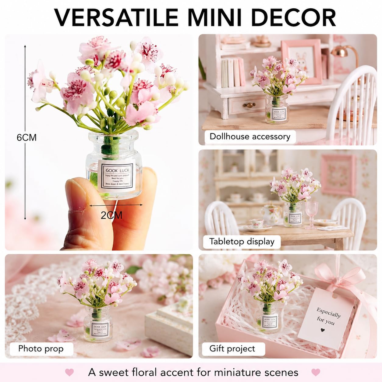 Pink Miniature Jasmine Flower in Vase Set, Dollhouse Décor, 1:6 or 1:8 Scale, Micro Landscape Decoration?Tiny Floral Arrangements for Micro?Dollhouse