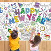 Happy New Year Coloring Poster Tablecloth - 51 x 30 Inch Giant DIY Paper Banner with Fireworks, Party Hats, and Festive Designs - Art Activity for New