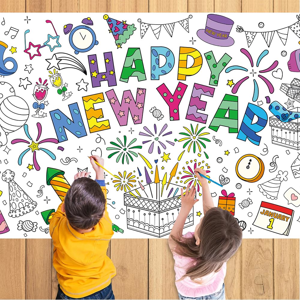 Happy New Year Coloring Poster Tablecloth - 51 x 30 Inch Giant DIY Paper Banner with Fireworks, Party Hats, and Festive Designs - Art Activity for New