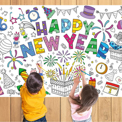 Happy New Year Coloring Poster Tablecloth - 51 x 30 Inch Giant DIY Paper Banner with Fireworks, Party Hats, and Festive Designs - Art Activity for New