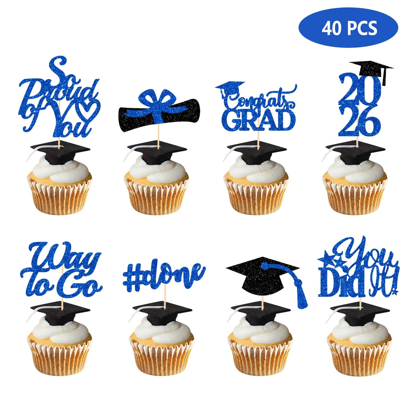 Graduation Decorations 2026 Blue, Graduation Cupcake Toppers 2026 Blue Black, Glitter Class of 2026 Cupcake Toppers Supplies, Class of 2026 Congrats